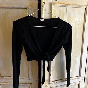 Black Tie-Front Ribbed Long-Sleeve Top - Garage